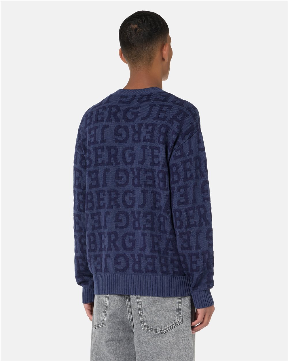 Regular fit blue crew neck sweater in pure cotton with denim-effect logo inlay - Iceberg - Official Website