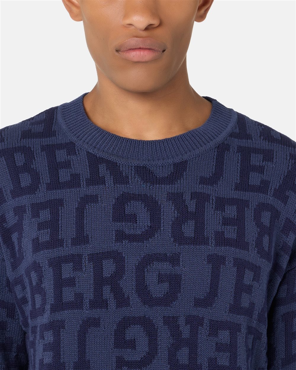 Regular fit blue crew neck sweater in pure cotton with denim-effect logo inlay - Iceberg - Official Website