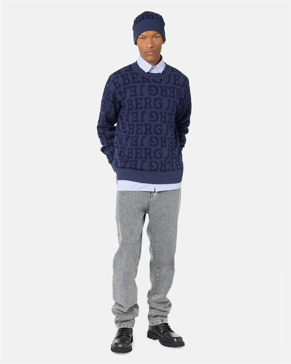 Regular fit blue crew neck sweater in pure cotton with denim-effect logo inlay - Iceberg - Official Website