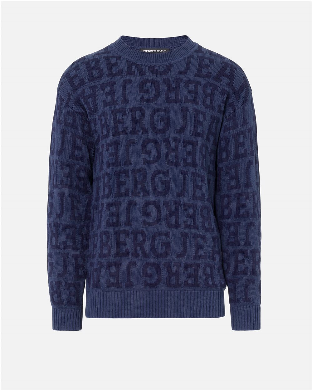 Regular fit blue crew neck sweater in pure cotton with denim-effect logo inlay - Iceberg - Official Website