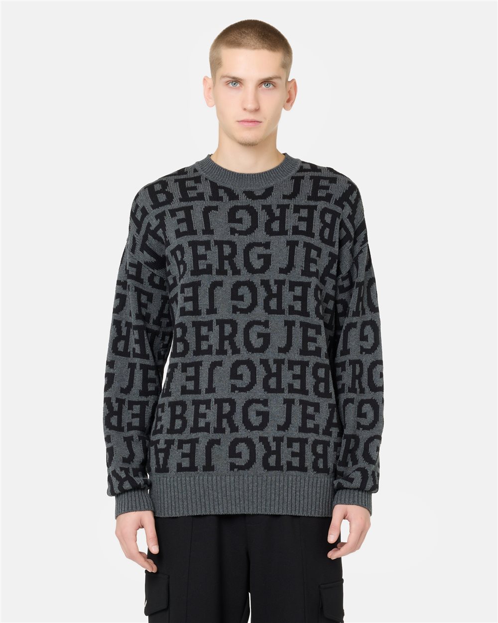 Grey regular-fit crewneck sweater in pure cotton with denim-effect logo inlay - Iceberg - Official Website
