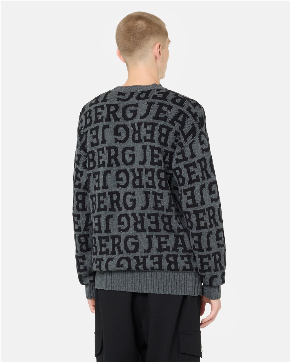 Grey regular-fit crewneck sweater in pure cotton with denim-effect logo inlay - Iceberg - Official Website