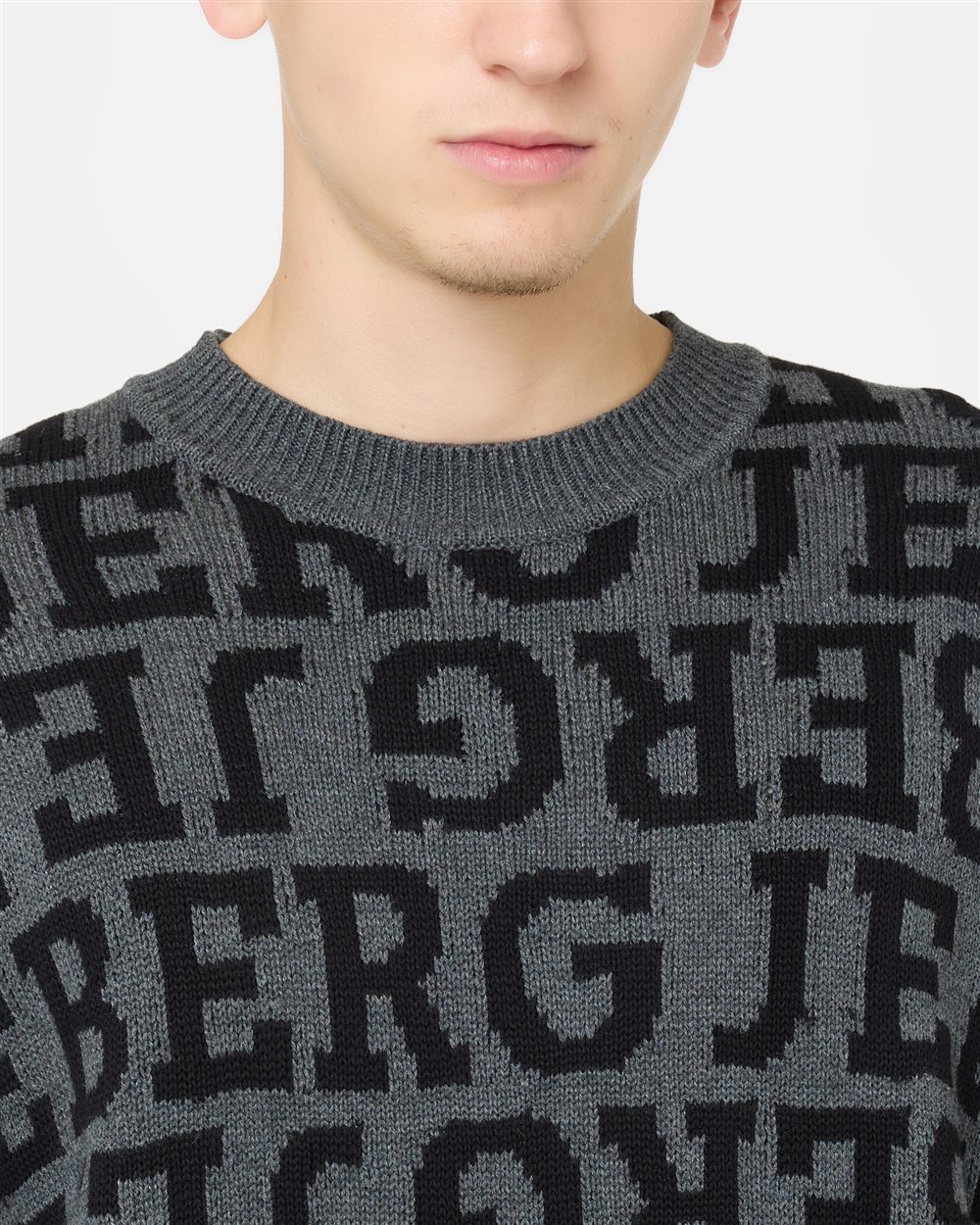 Grey regular-fit crewneck sweater in pure cotton with denim-effect logo inlay - Iceberg - Official Website