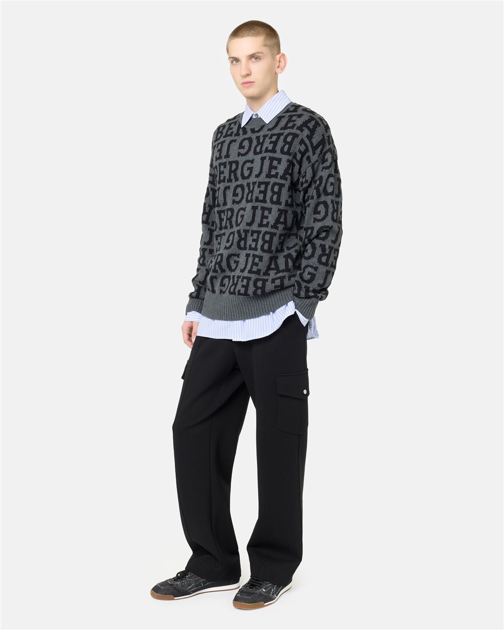 Grey regular-fit crewneck sweater in pure cotton with denim-effect logo inlay - Iceberg - Official Website