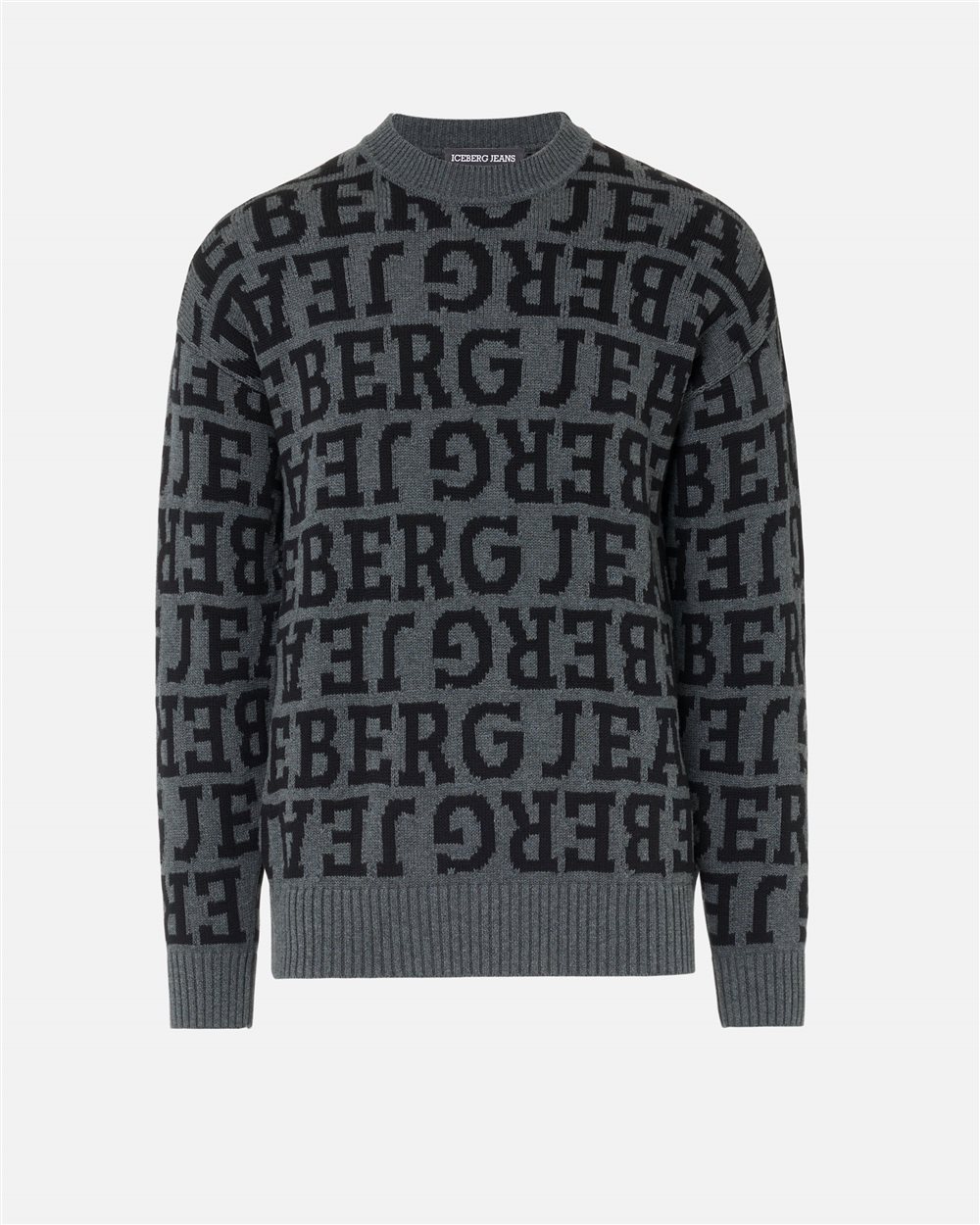 Grey regular-fit crewneck sweater in pure cotton with denim-effect logo inlay - Iceberg - Official Website