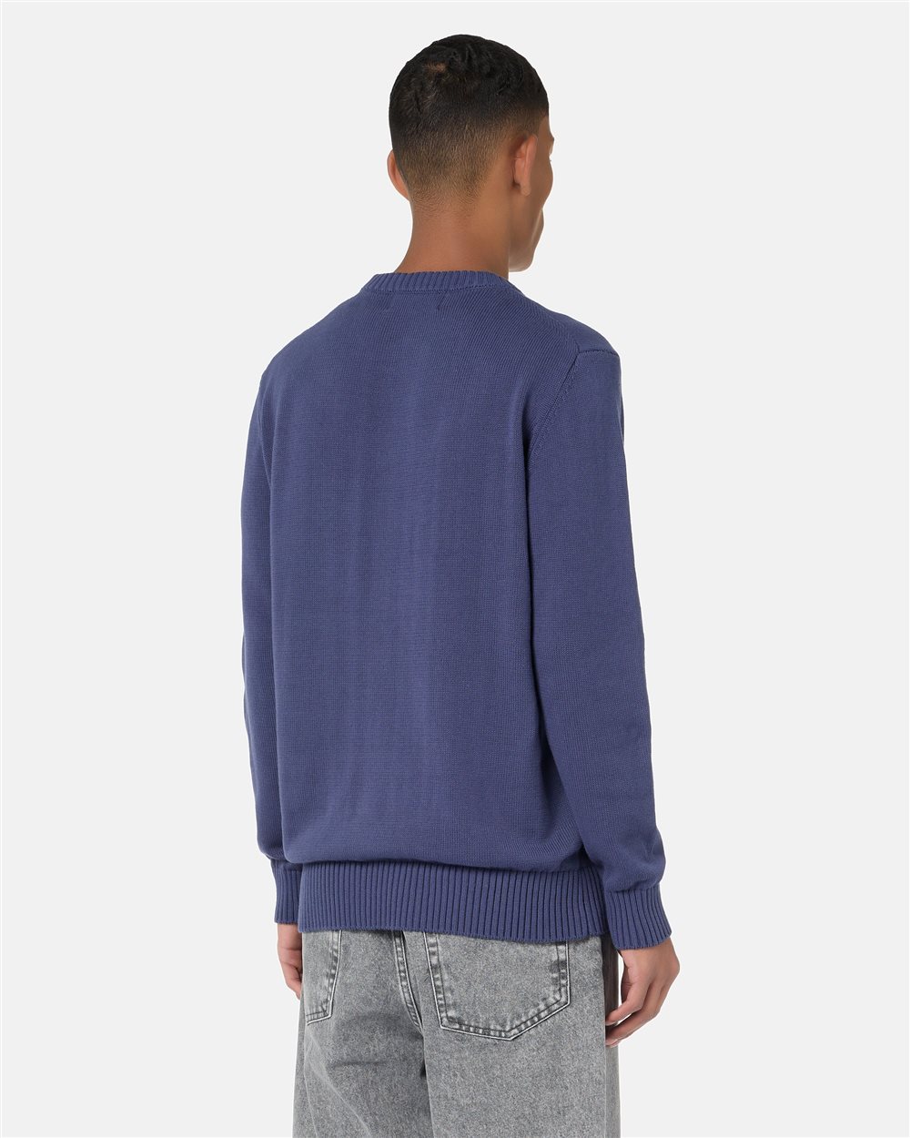 Grey regular fit crew neck sweater in pure cotton with embroidered denim pocket and logo pin - Iceberg - Official Website