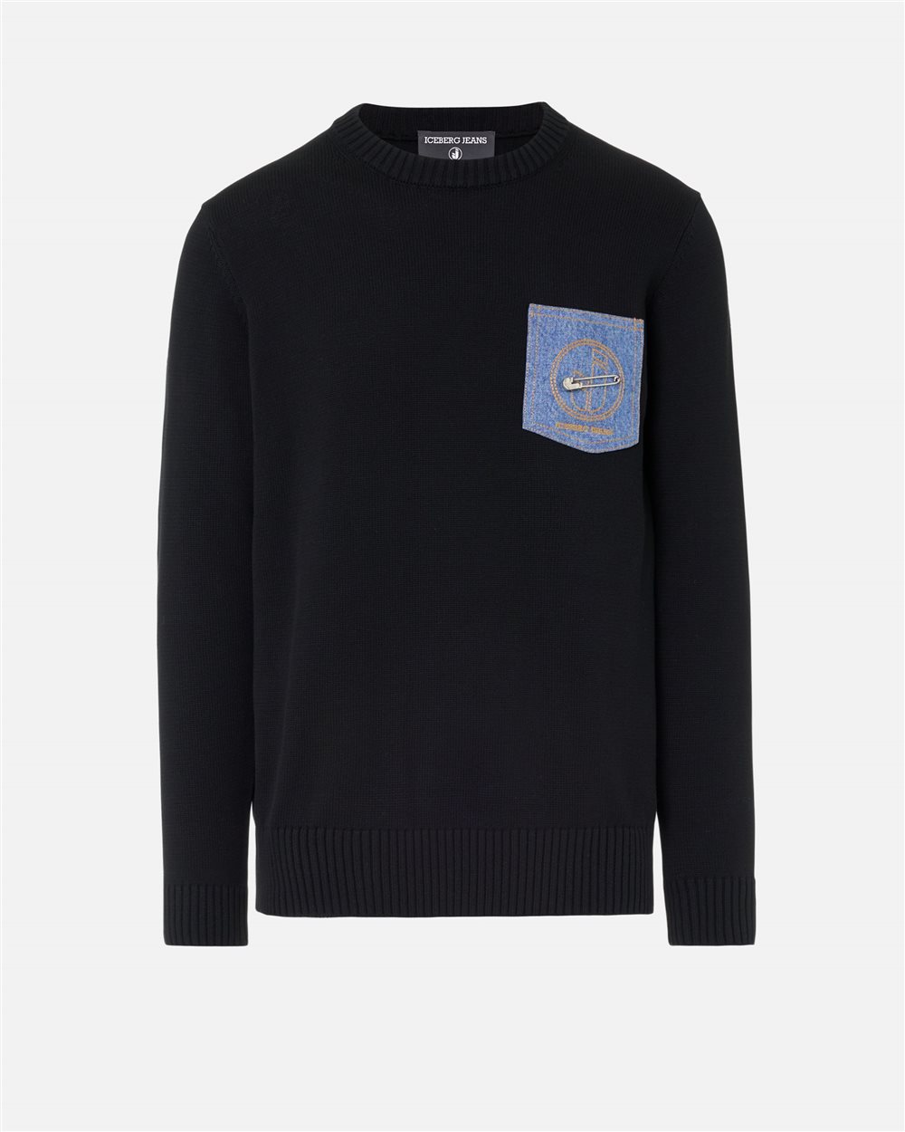 Regular fit black crew neck sweater in pure cotton with embroidered denim pocket and logo pin - Iceberg - Official Website