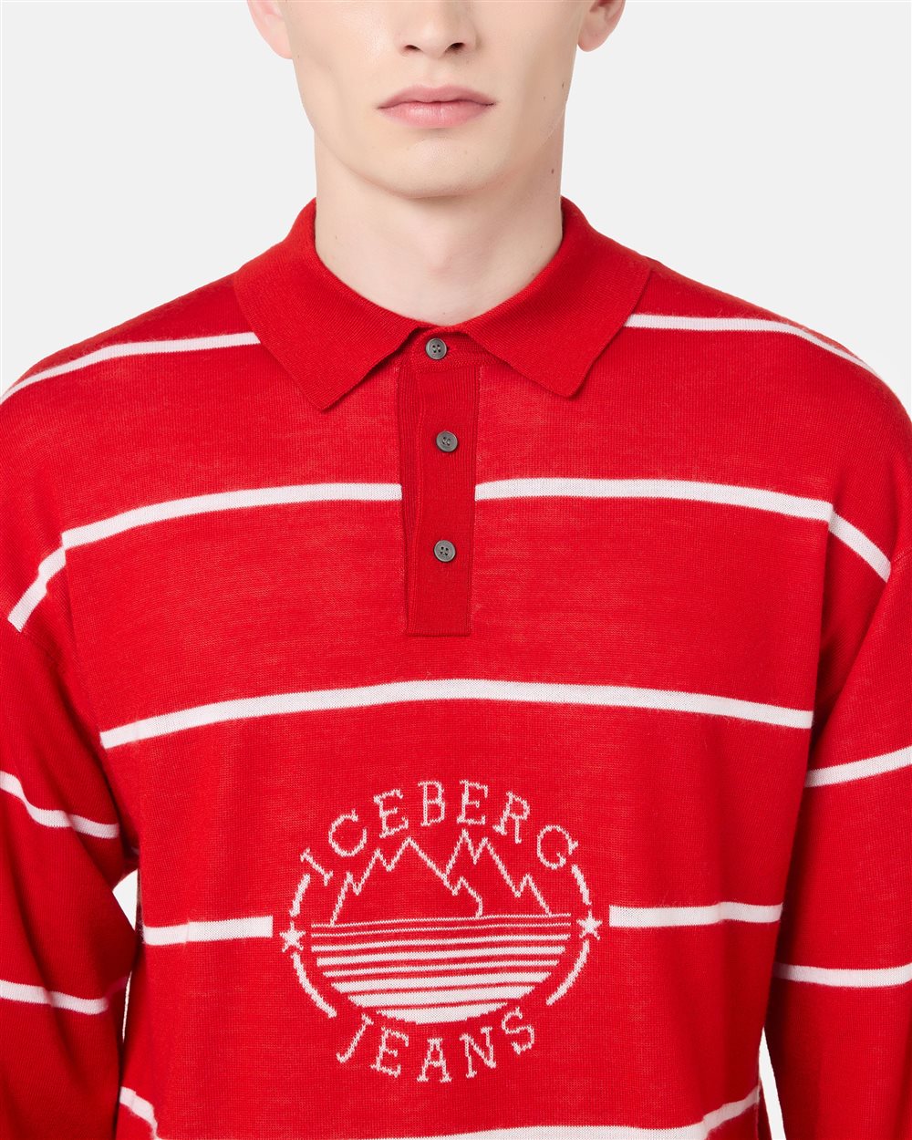 Striped polo sweater in black wool blend with Iceberg logo and mountains inlay - Iceberg - Official Website