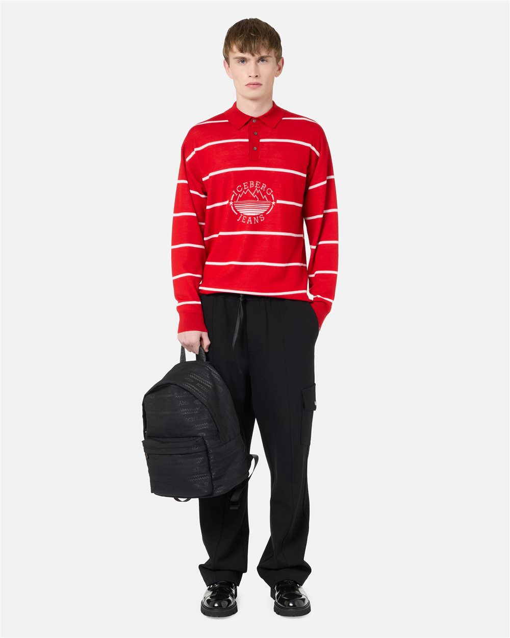 Striped polo sweater in black wool blend with Iceberg logo and mountains inlay - Iceberg - Official Website