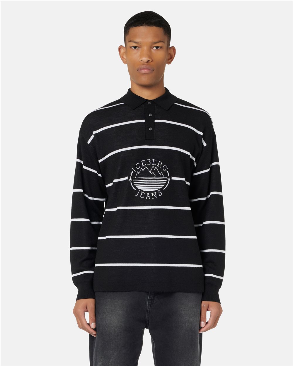 Striped polo sweater in red base wool blend with Iceberg logo and mountains inlay - Iceberg - Official Website