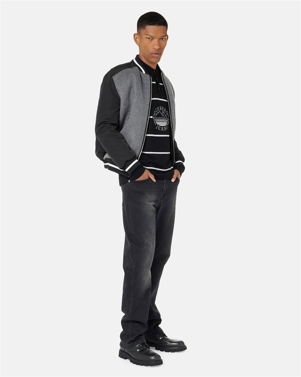Striped polo sweater in red base wool blend with Iceberg logo and mountains inlay - Iceberg - Official Website