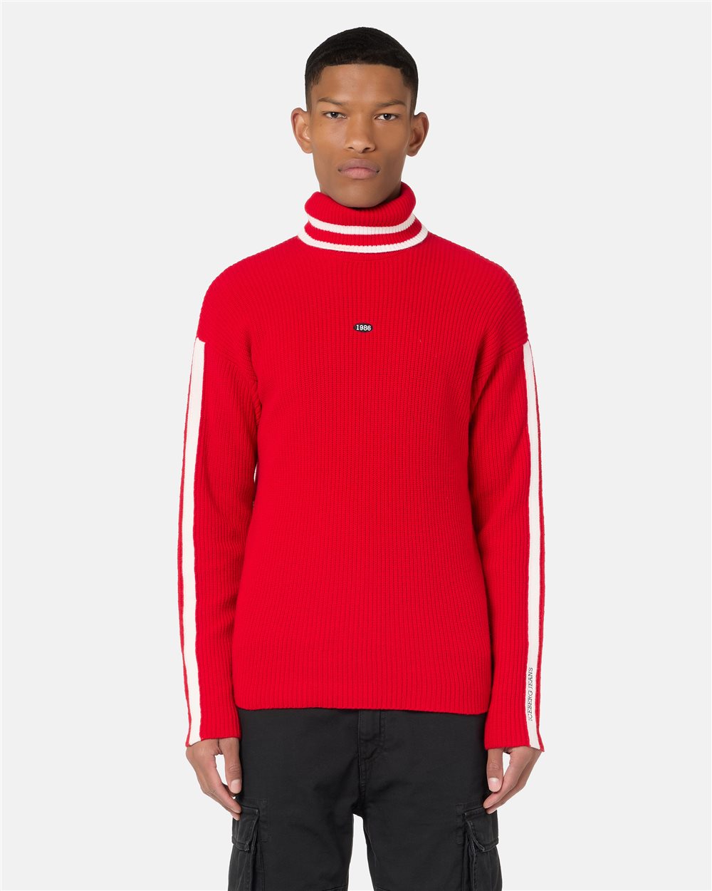 Relaxed fit red wool and cashmere turtleneck with contrasting stripes - Iceberg - Official Website