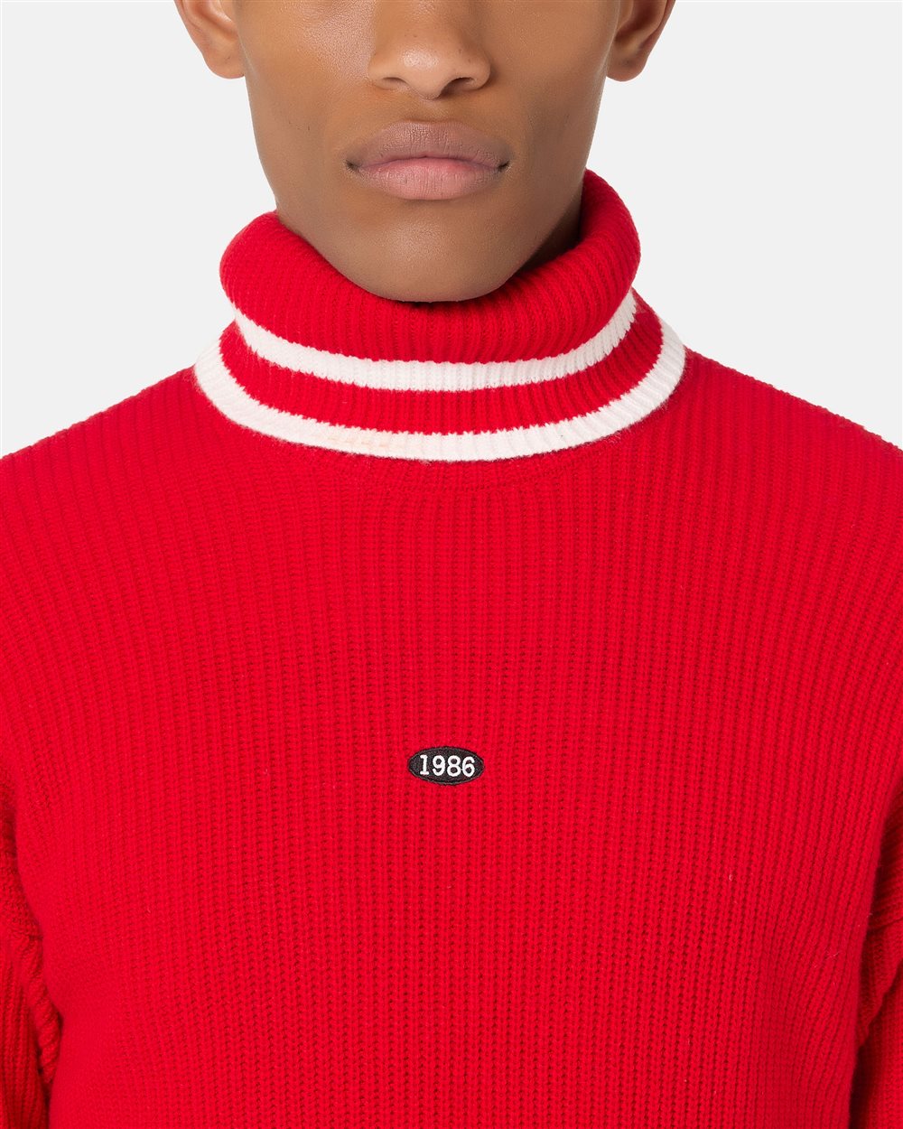 Relaxed fit red wool and cashmere turtleneck with contrasting stripes - Iceberg - Official Website