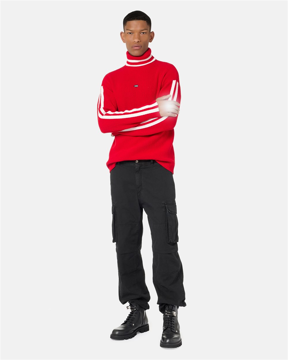 Relaxed fit red wool and cashmere turtleneck with contrasting stripes - Iceberg - Official Website