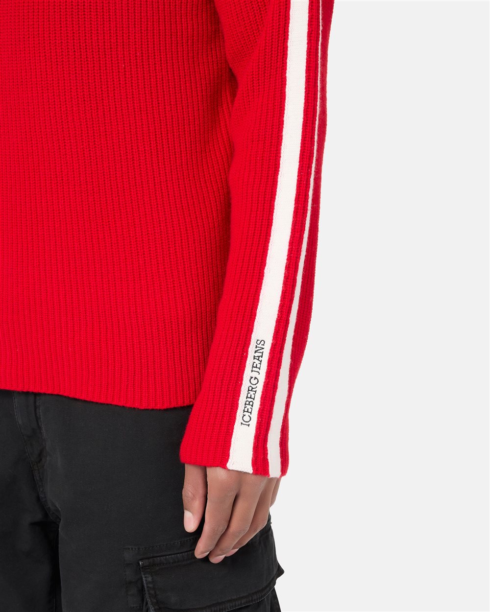 Relaxed fit red wool and cashmere turtleneck with contrasting stripes - Iceberg - Official Website