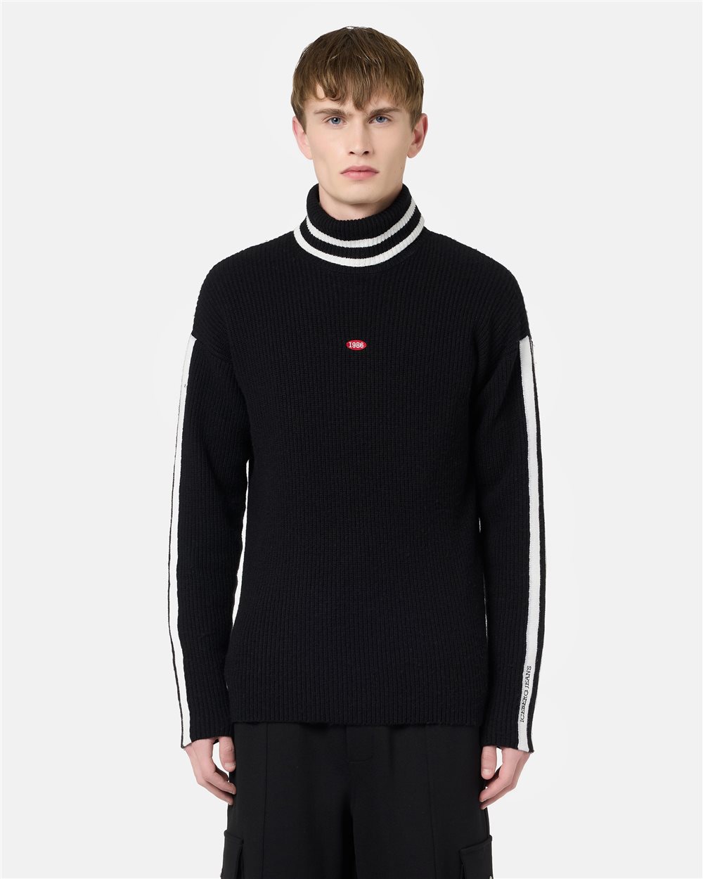 Relaxed fit black wool and cashmere turtleneck with contrasting stripes - Iceberg - Official Website