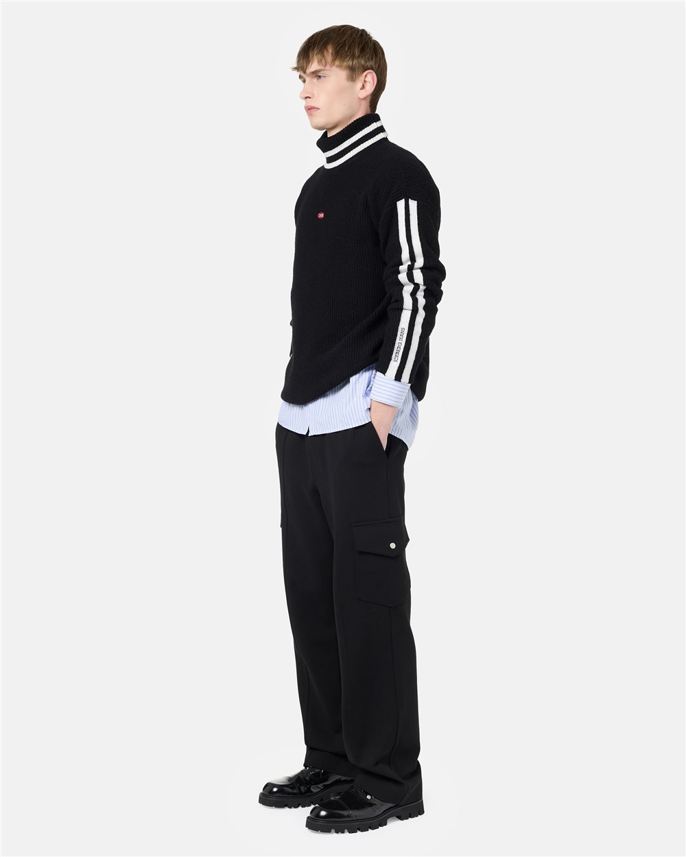 Relaxed fit black wool and cashmere turtleneck with contrasting stripes - Iceberg - Official Website