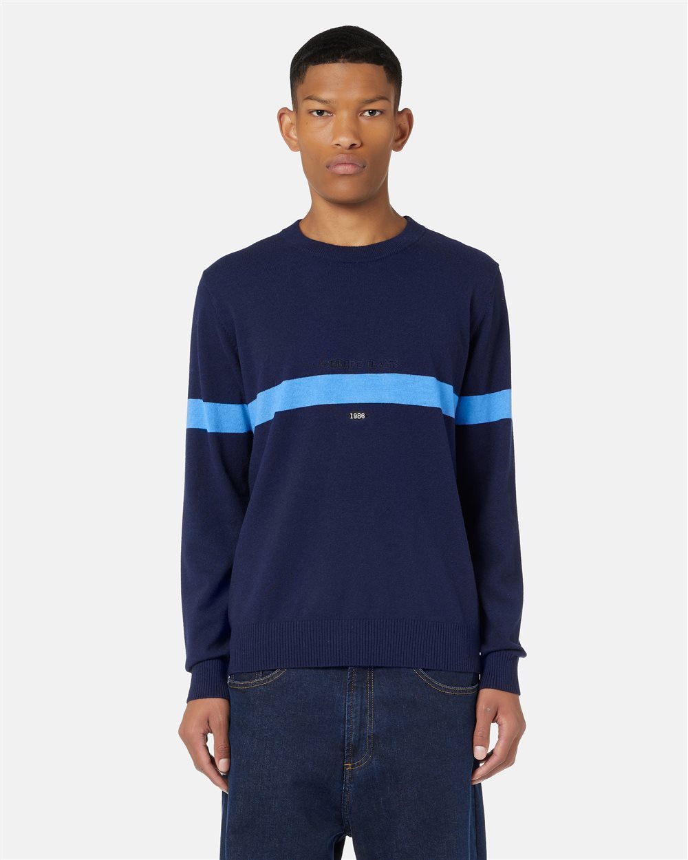 Crewneck sweater in navy wool-cashmere blend with 1986 embroidery and Iceberg logo - Iceberg - Official Website