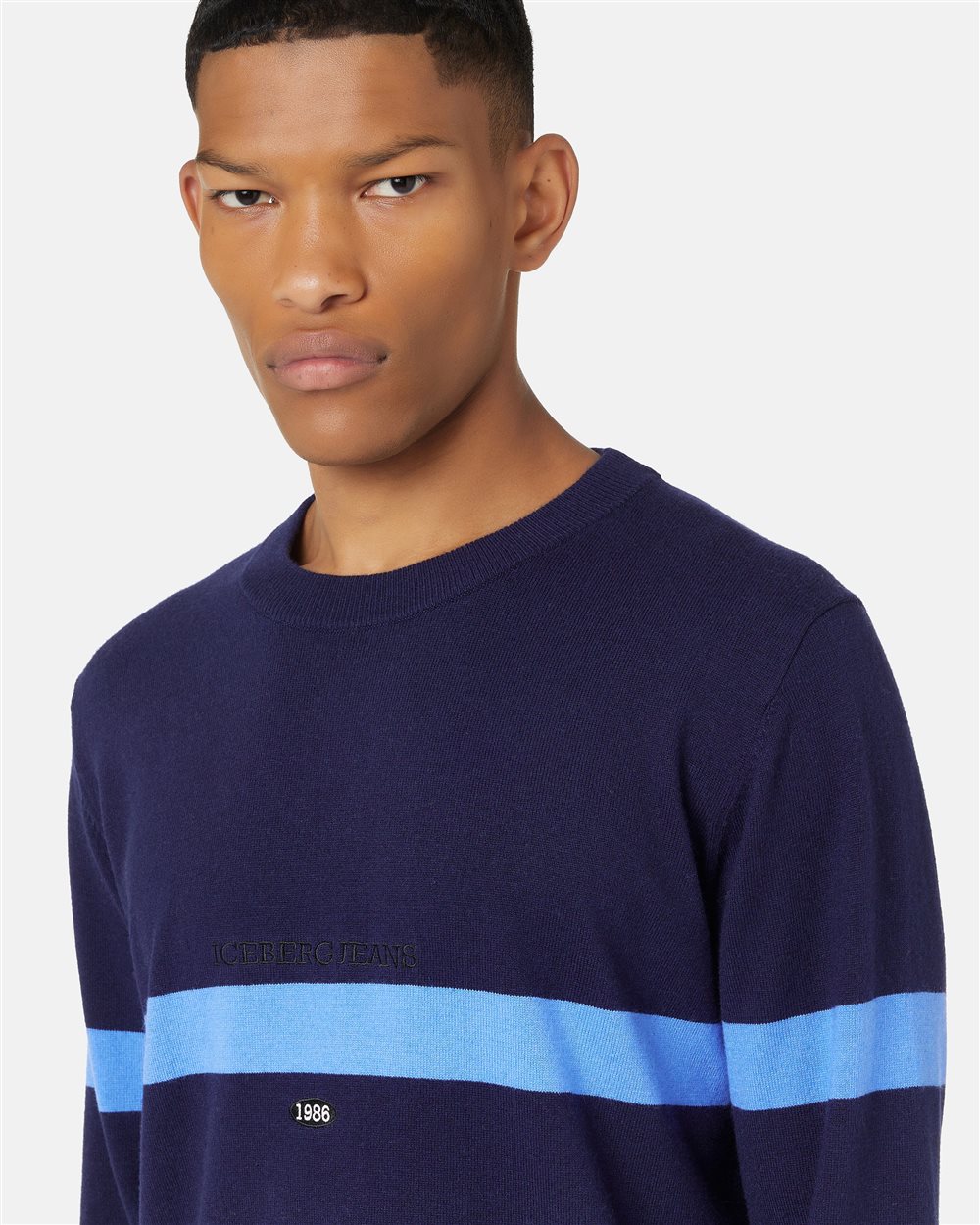 Crewneck sweater in navy wool-cashmere blend with 1986 embroidery and Iceberg logo - Iceberg - Official Website