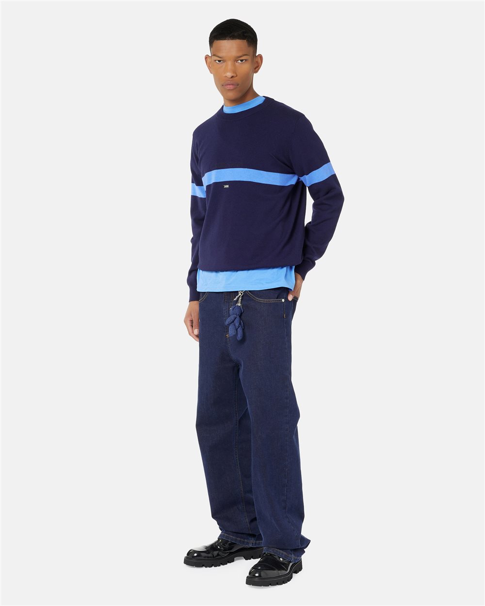 Crewneck sweater in navy wool-cashmere blend with 1986 embroidery and Iceberg logo - Iceberg - Official Website