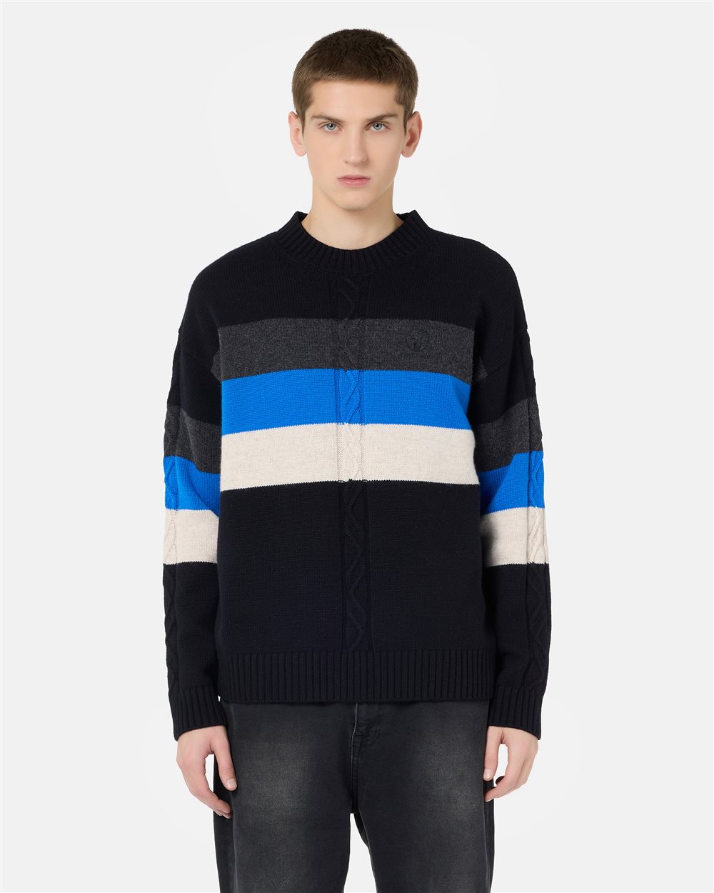 Relaxed fit black and blue crew neck sweater in wool blend with cables and Iceberg IJ logo embroider - Iceberg - Official Website
