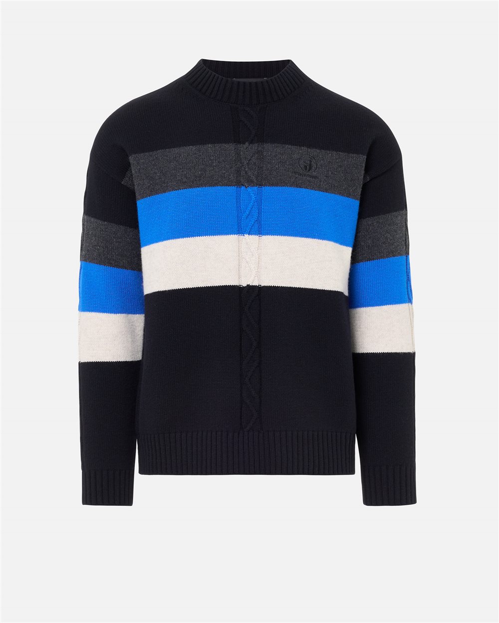 Relaxed fit black and blue crew neck sweater in wool blend with cables and Iceberg IJ logo embroider - Iceberg - Official Website