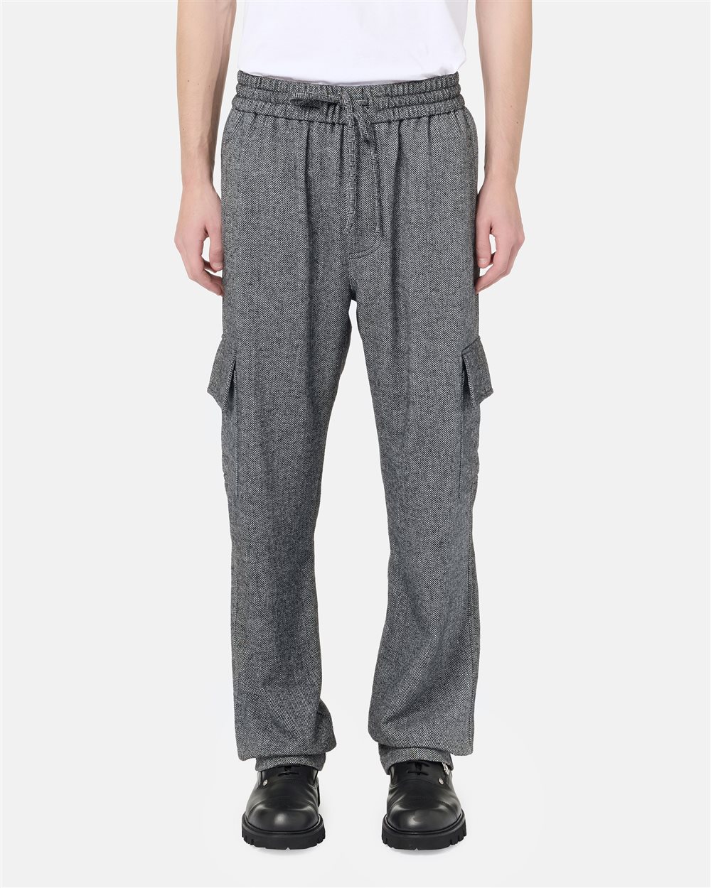 Couli Pants cargo fit black and white striped wool blend herringbone with functional details and Iceberg - Iceberg - Official Website