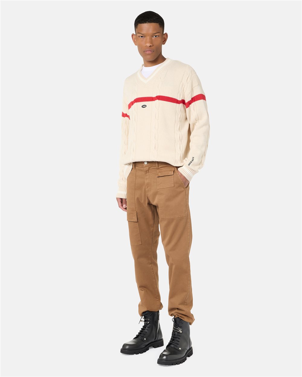 Work fit trousers in biscuit-coloured frosted gabardine with logo details - Iceberg - Official Website