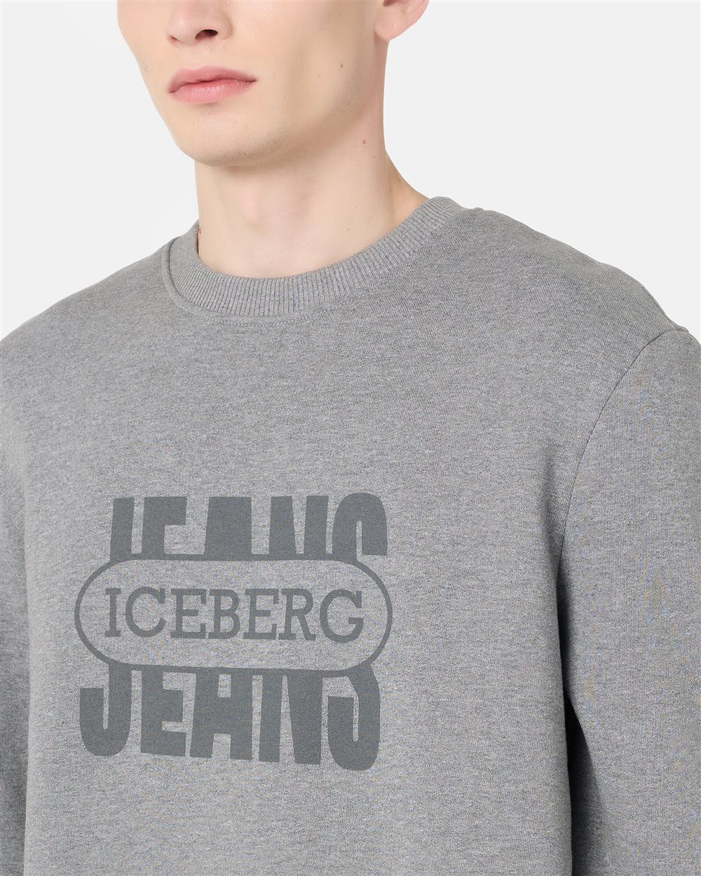 Regular-fit crewneck sweater in melange grey cotton brushed fleece - Iceberg - Official Website