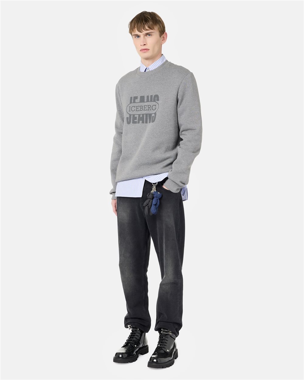 Regular-fit crewneck sweater in melange grey cotton brushed fleece - Iceberg - Official Website