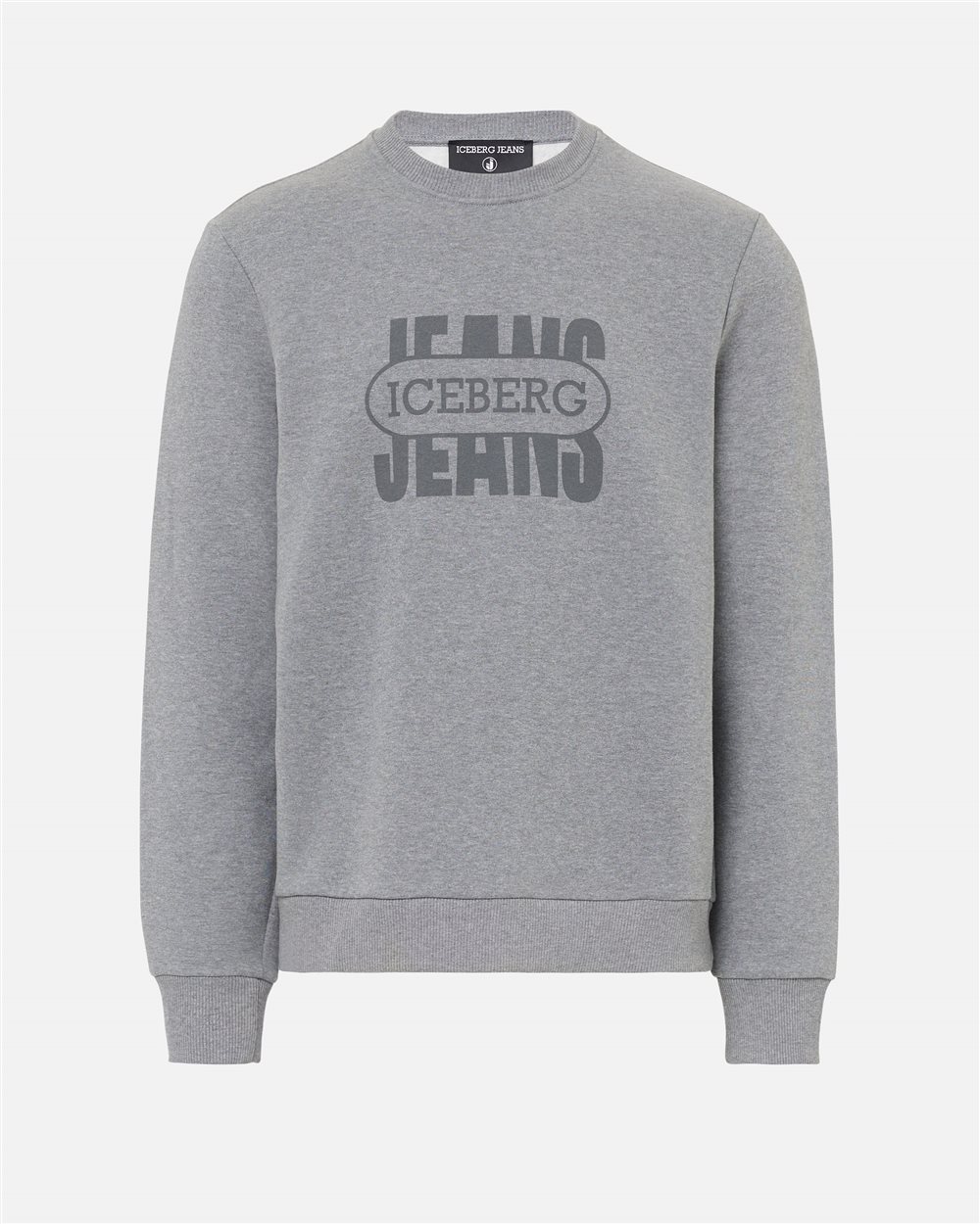 Regular-fit crewneck sweater in melange grey cotton brushed fleece - Iceberg - Official Website