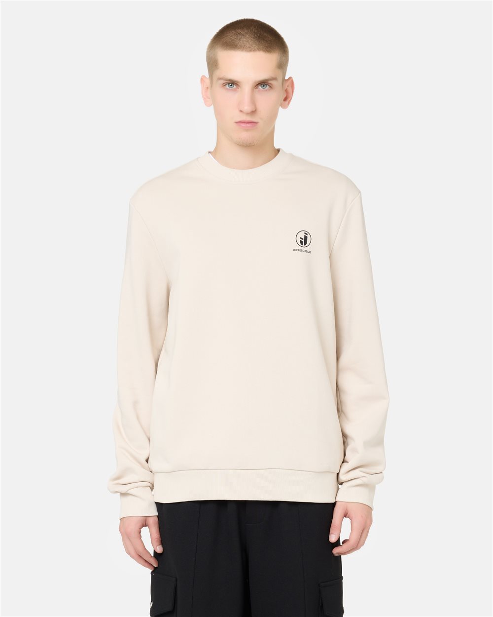 Regular fit crew neck sweater in ivory cotton diagonal fleece with IJ logo print on the heart - Iceberg - Official Website