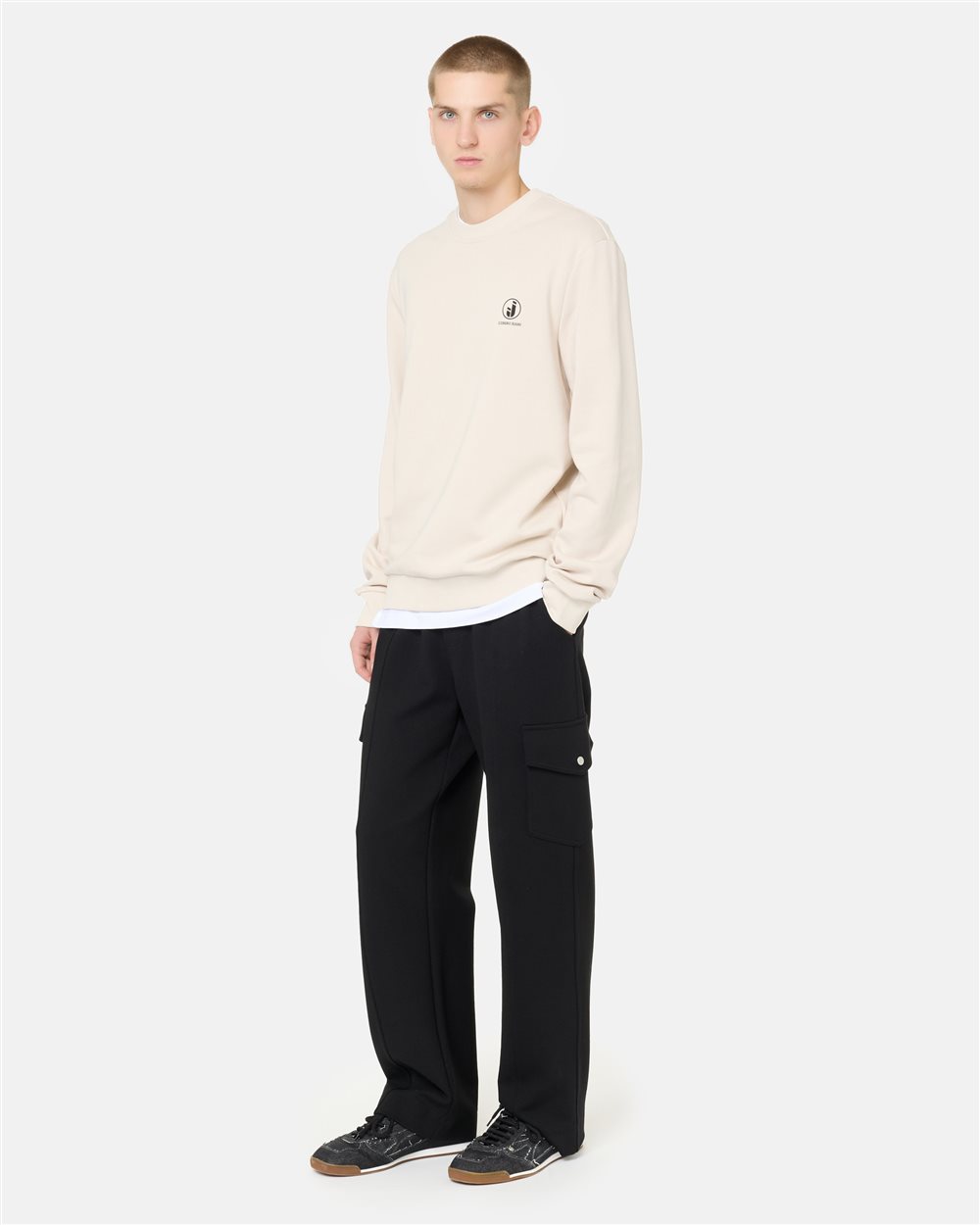 Regular fit crew neck sweater in ivory cotton diagonal fleece with IJ logo print on the heart - Iceberg - Official Website