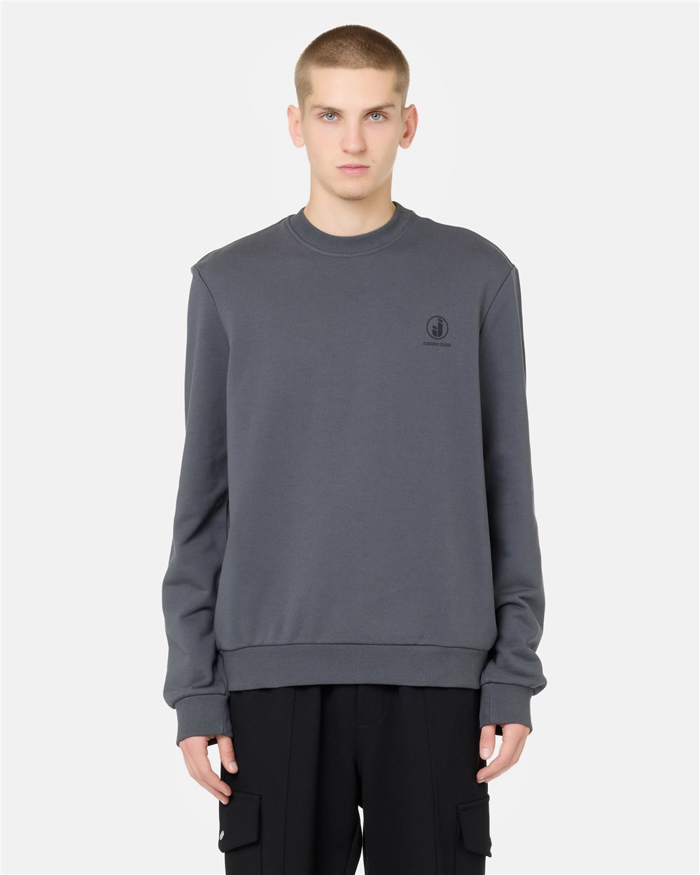 Regular-fit crew-neck sweater in lead gray cotton diagonal fleece with IJ logo print on the heart - Iceberg - Official Website