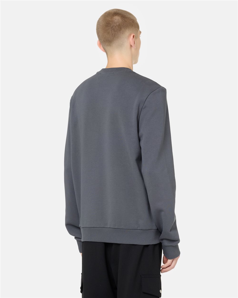 Regular-fit crew-neck sweater in lead gray cotton diagonal fleece with IJ logo print on the heart - Iceberg - Official Website