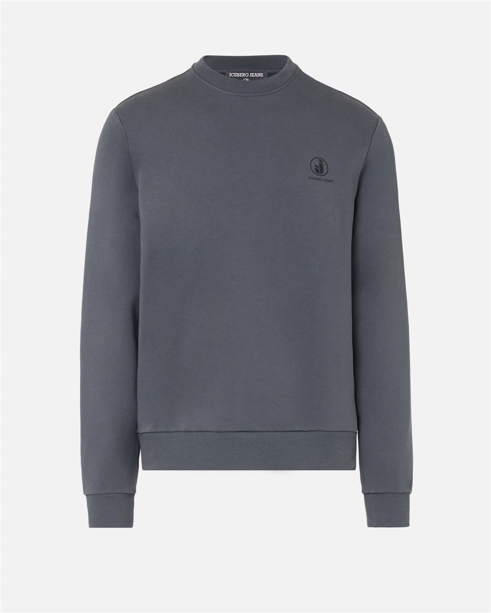 Regular-fit crew-neck sweater in lead gray cotton diagonal fleece with IJ logo print on the heart - Iceberg - Official Website
