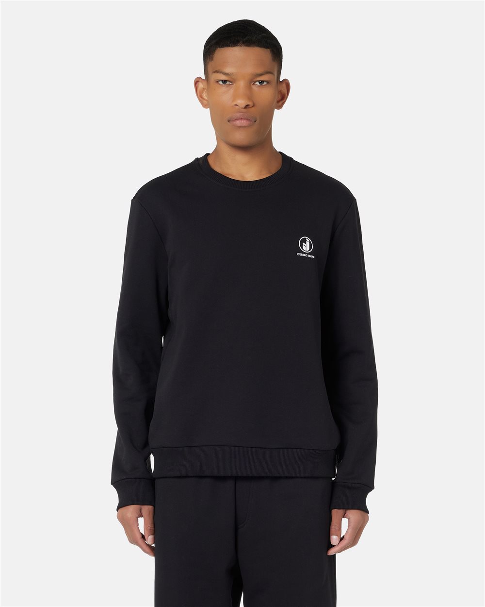 Regular fit crew neck sweater in black cotton diagonal fleece with IJ logo print on the heart - Iceberg - Official Website
