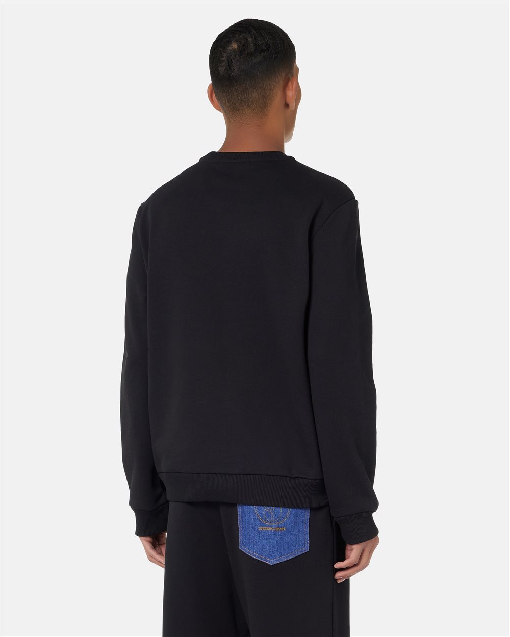 Regular fit crew neck sweater in black cotton diagonal fleece with IJ logo print on the heart - Iceberg - Official Website