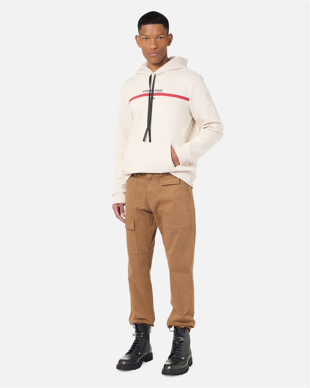 Regular fit hoodie in ivory cotton diagonal fleece with hood, logo print and 1986 date embroidery - Iceberg - Official Website