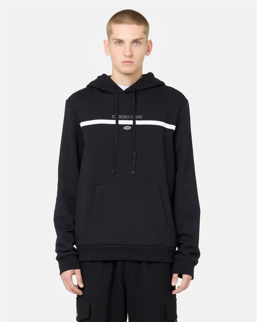 Regular fit hoodie in black cotton diagonal fleece with hood, logo print and 1986 date embroidery - Iceberg - Official Website