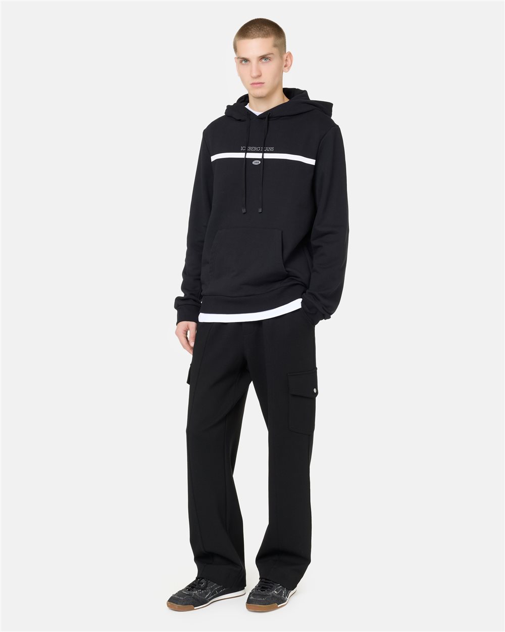 Regular fit hoodie in black cotton diagonal fleece with hood, logo print and 1986 date embroidery - Iceberg - Official Website