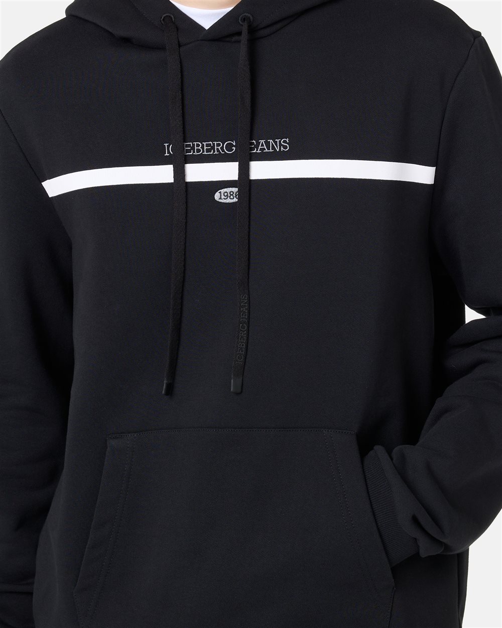 Regular fit hoodie in black cotton diagonal fleece with hood, logo print and 1986 date embroidery - Iceberg - Official Website