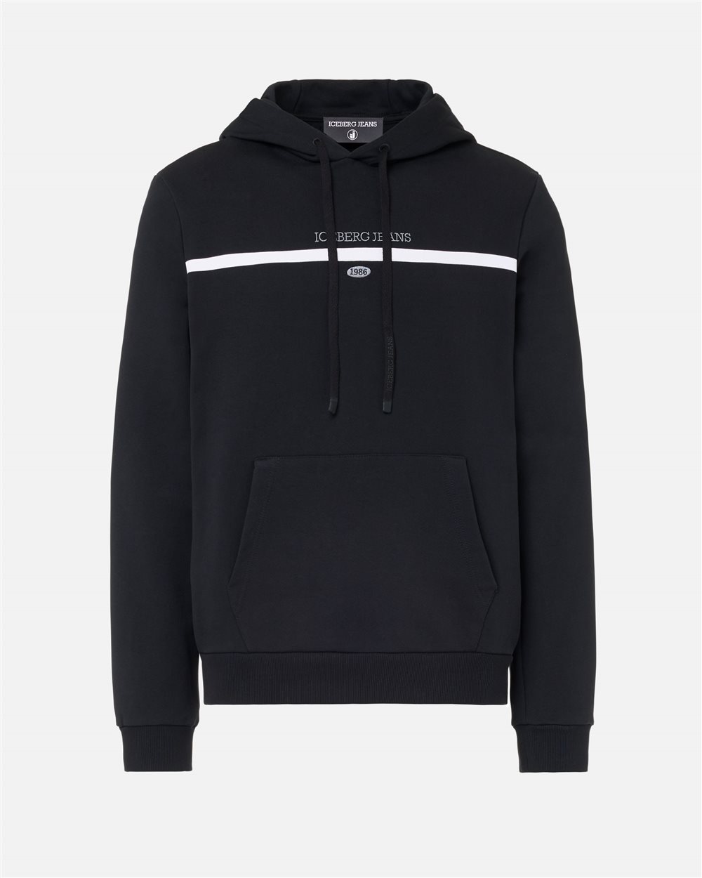 Regular fit hoodie in black cotton diagonal fleece with hood, logo print and 1986 date embroidery - Iceberg - Official Website