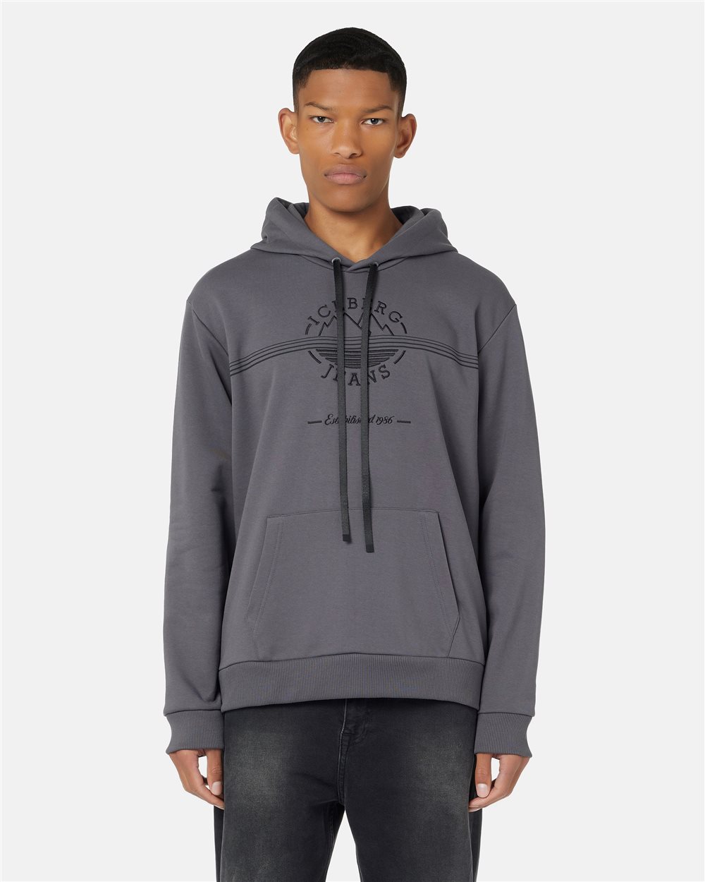 Chill Fit Hoodie in diagonal cotton fleece in lead grey with Iceberg logo and mountain details - Iceberg - Official Website