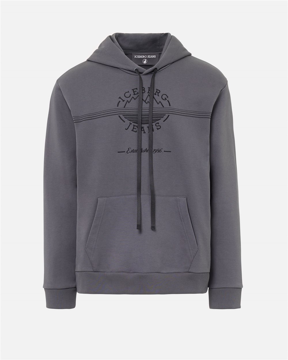 Chill Fit Hoodie in diagonal cotton fleece in lead grey with Iceberg logo and mountain details - Iceberg - Official Website