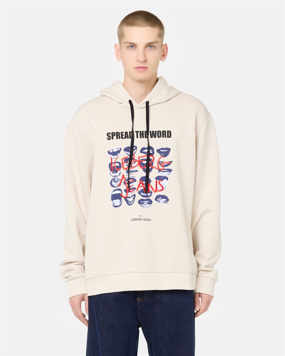 Chill Fit Hoodie in ivory cotton diagonal fleece with Bocche print and Iceberg logo embroidery - Iceberg - Official Website