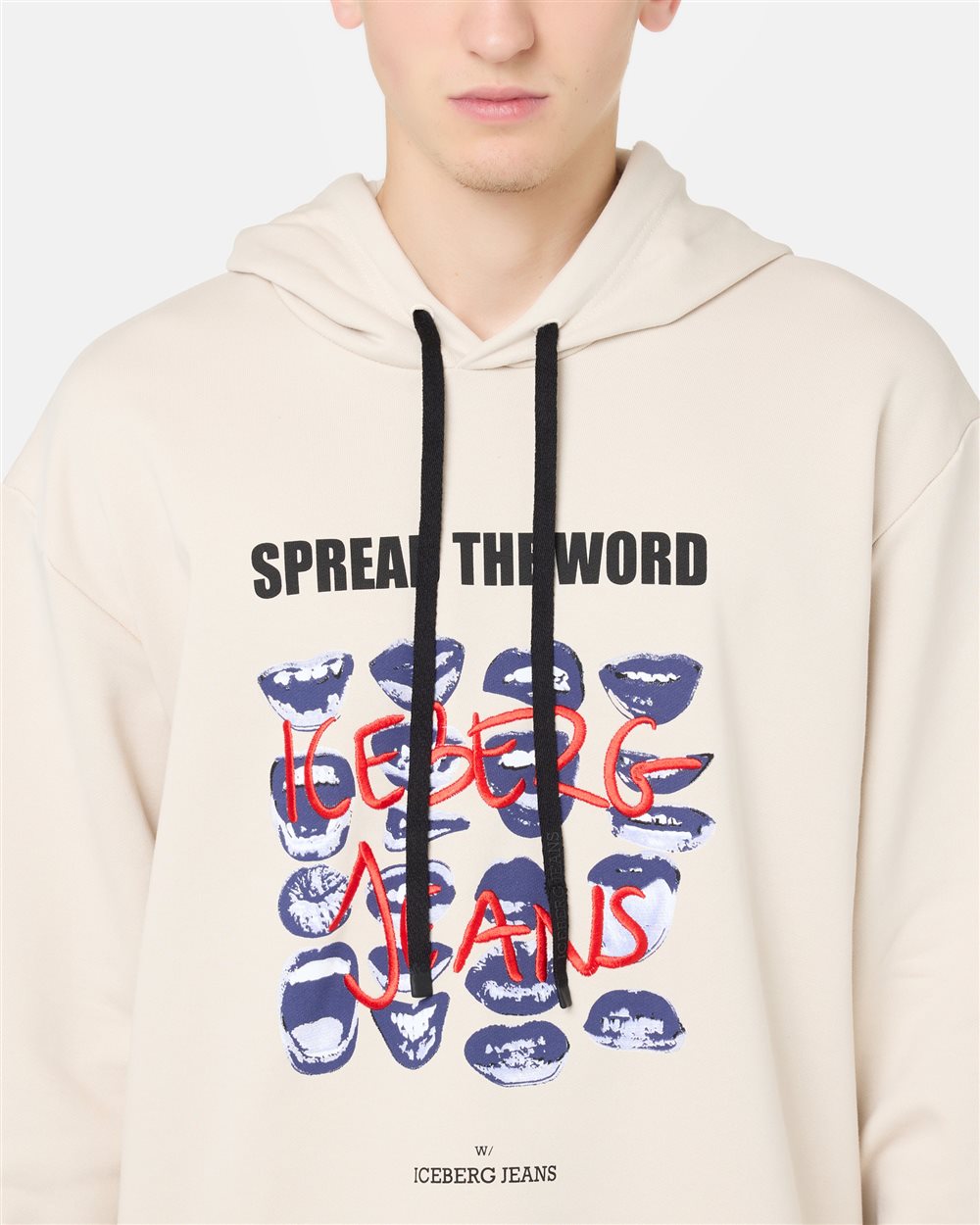 Chill Fit Hoodie in ivory cotton diagonal fleece with Bocche print and Iceberg logo embroidery - Iceberg - Official Website