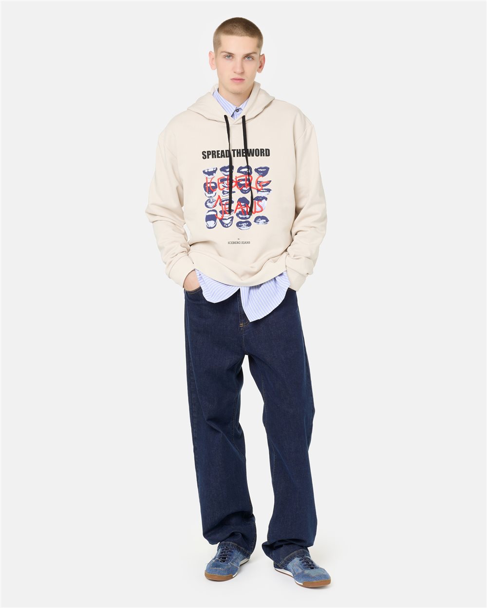 Chill Fit Hoodie in ivory cotton diagonal fleece with Bocche print and Iceberg logo embroidery - Iceberg - Official Website