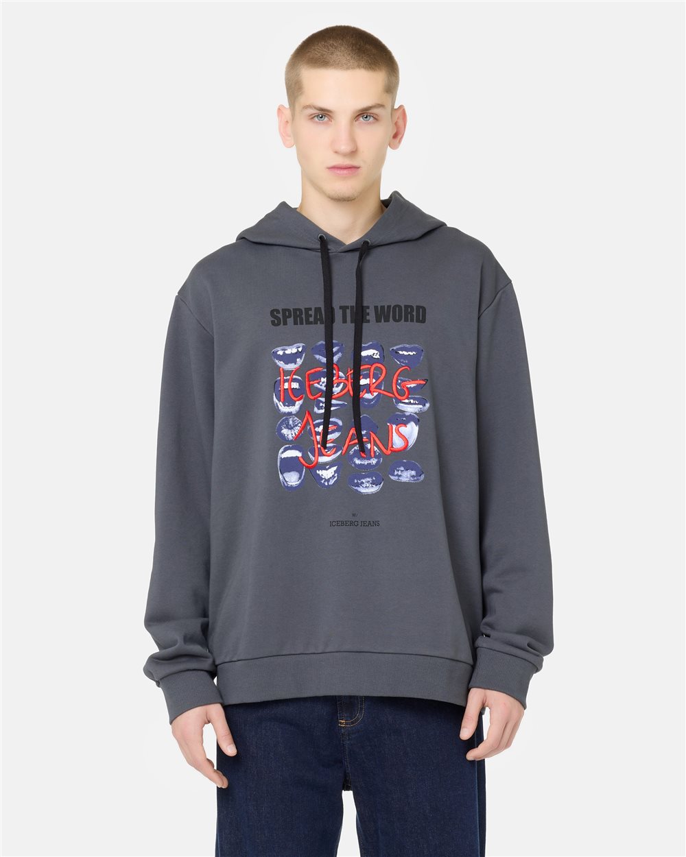 Chill Fit Hoodie in lead grey cotton diagonal fleece with Bocche print and Iceberg logo embroidery - Iceberg - Official Website