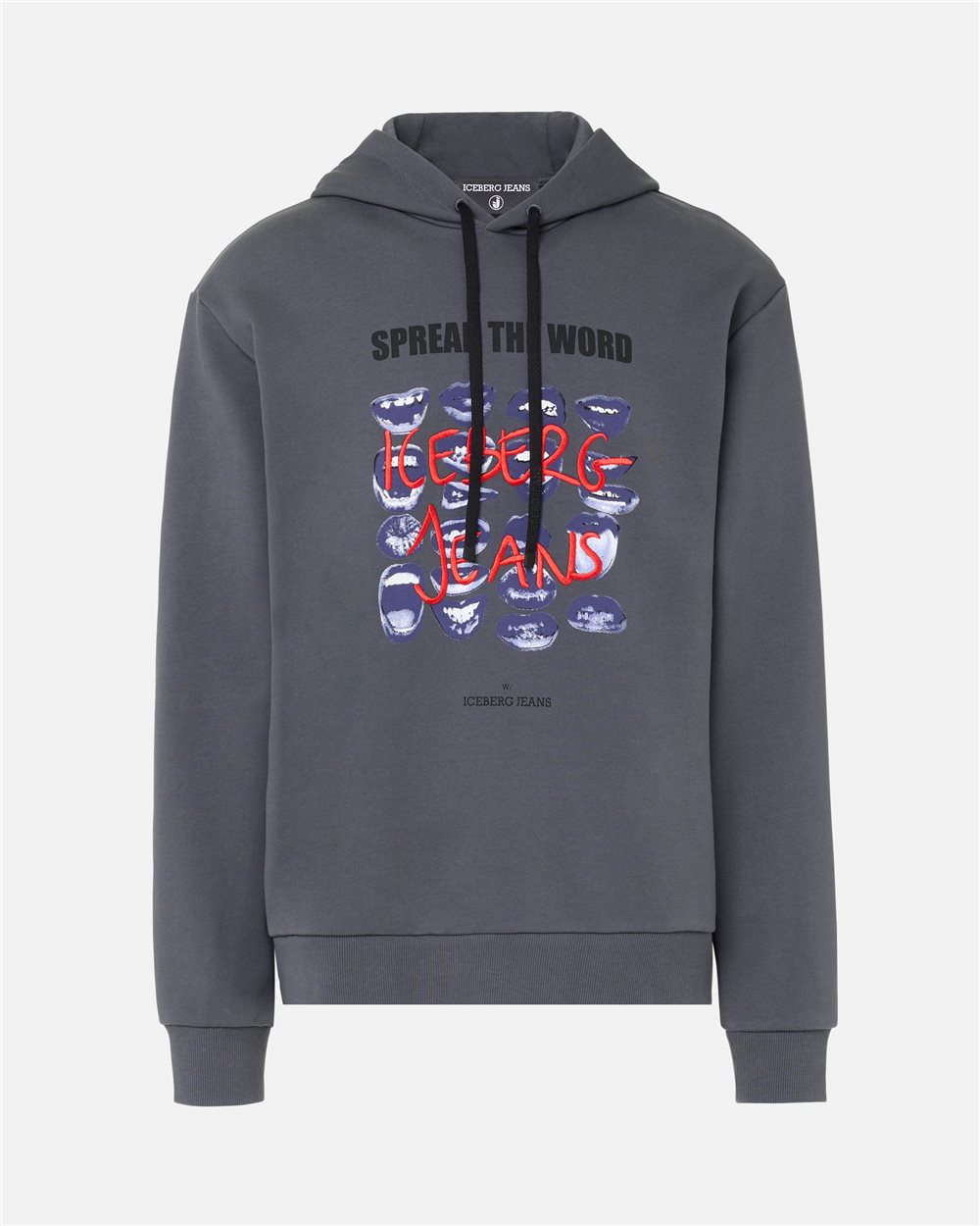 Chill Fit Hoodie in lead grey cotton diagonal fleece with Bocche print and Iceberg logo embroidery - Iceberg - Official Website